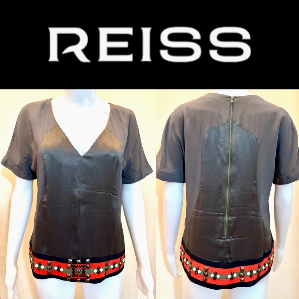 REISS 100% Silk Charcoal Gray Embellished V-Neck Top – Size 4